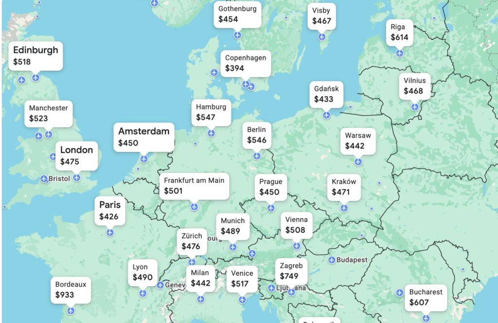 Google Flights Explore map showcasing flight prices to various European destinations from Boston, with Copenhagen highlighted as a budget-friendly option.